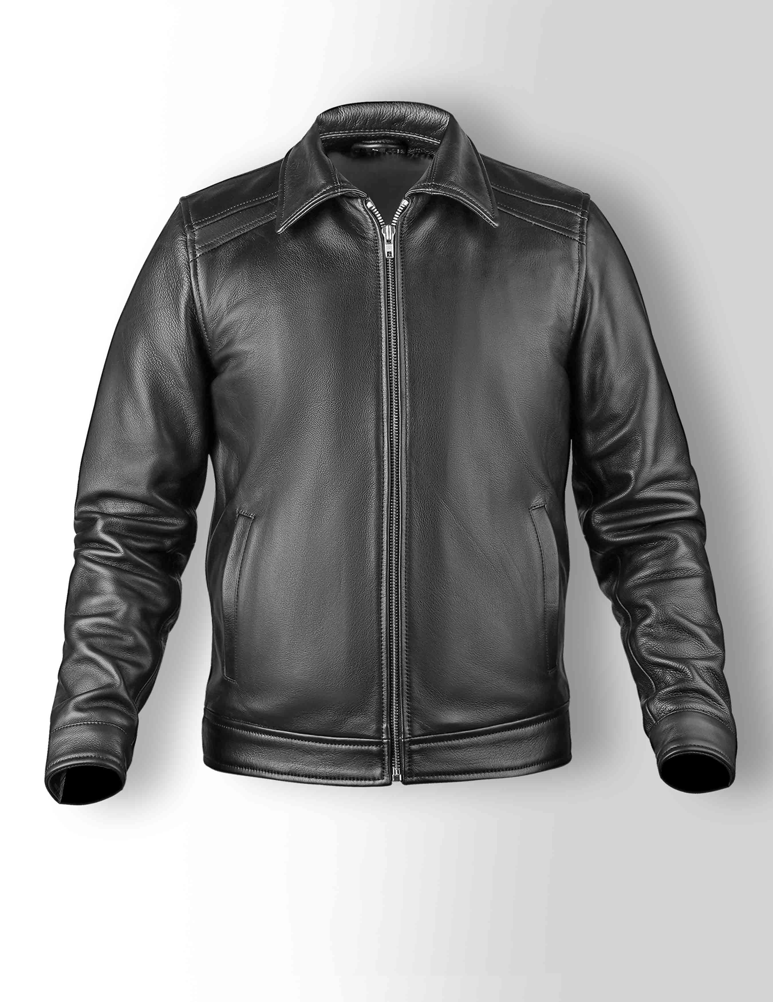 Men’s Black Shirt Collar Leather Jacket