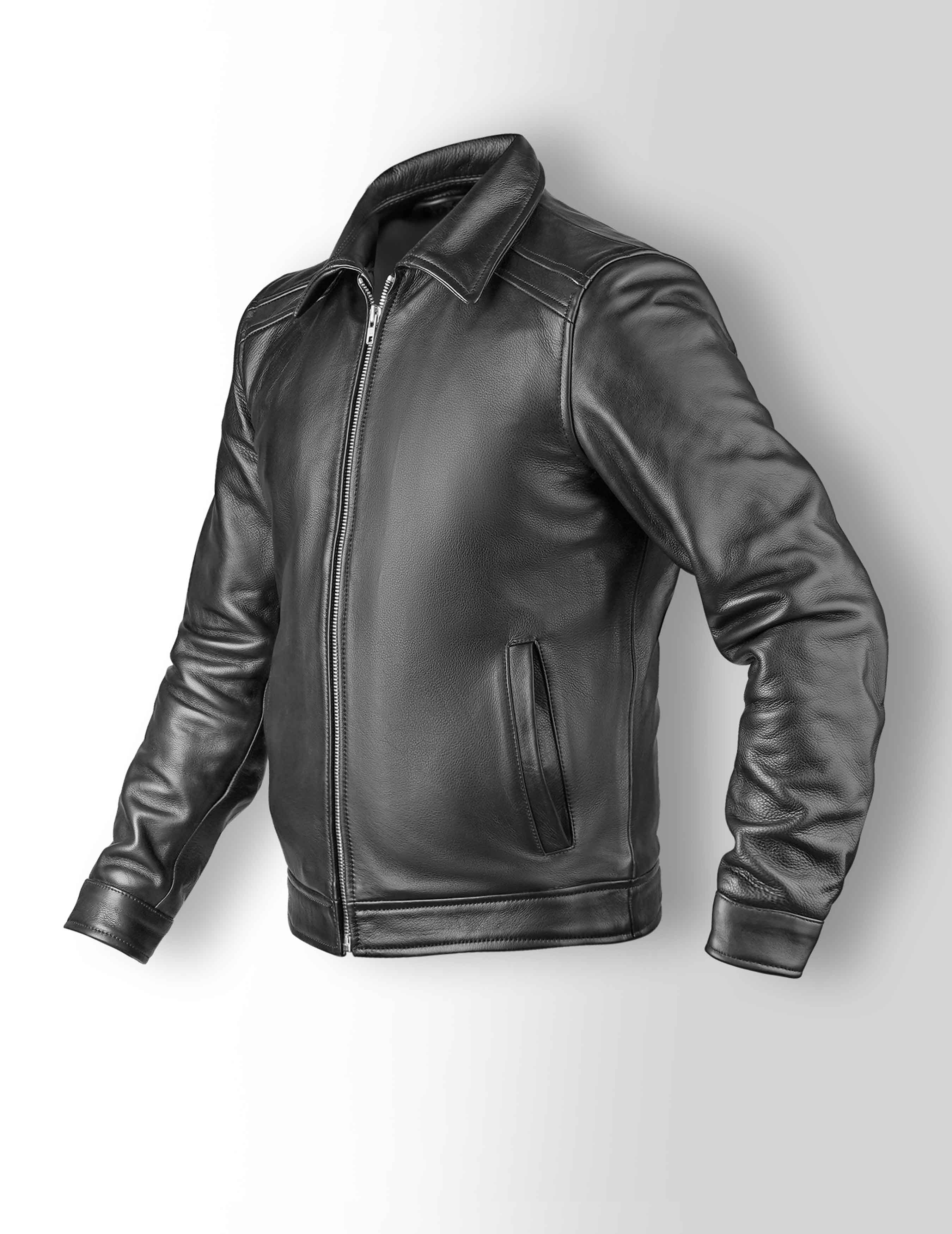 Men Black Shirt Collar Leather Jackets