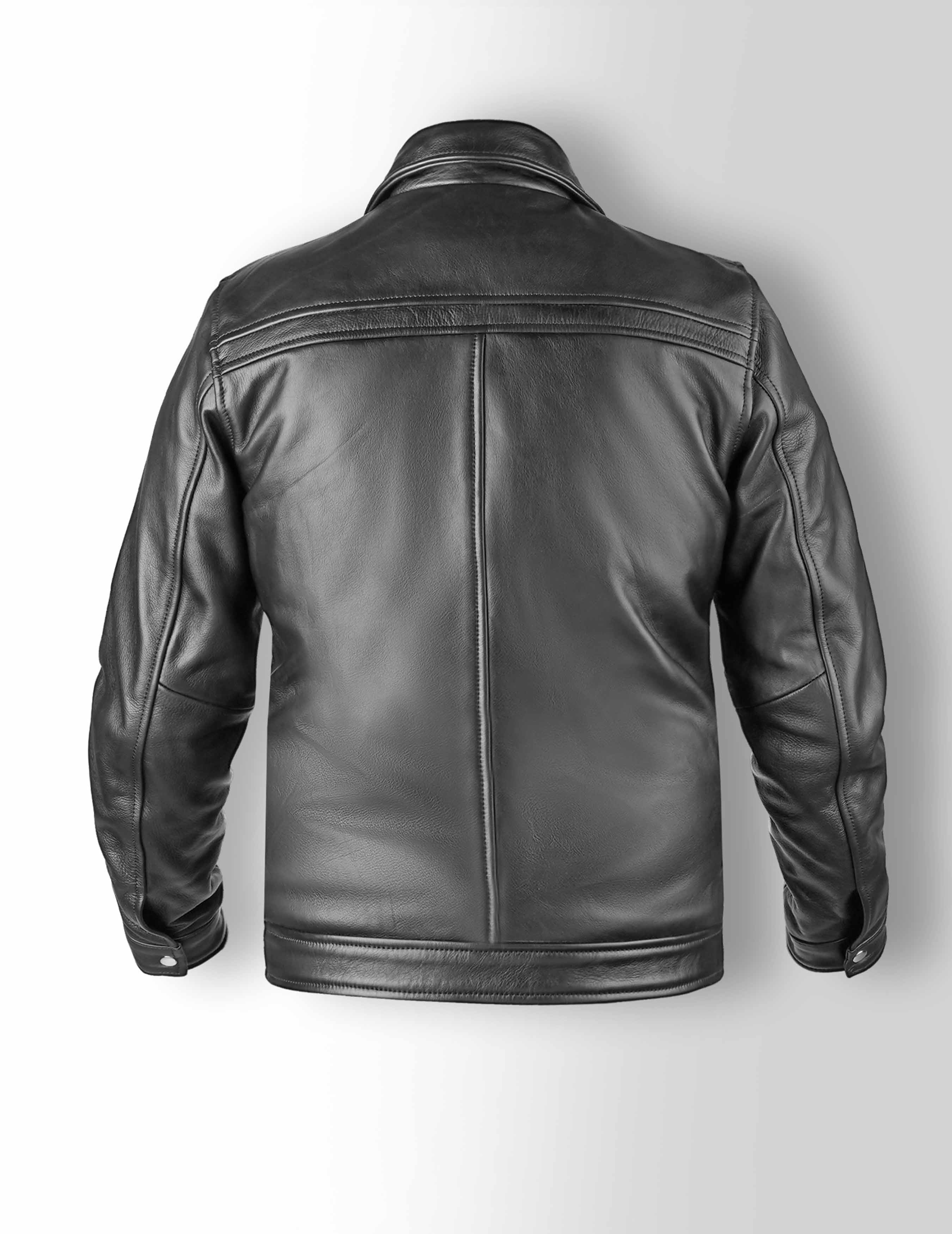 Men’s Black Shirt Collar Leather Jacket back