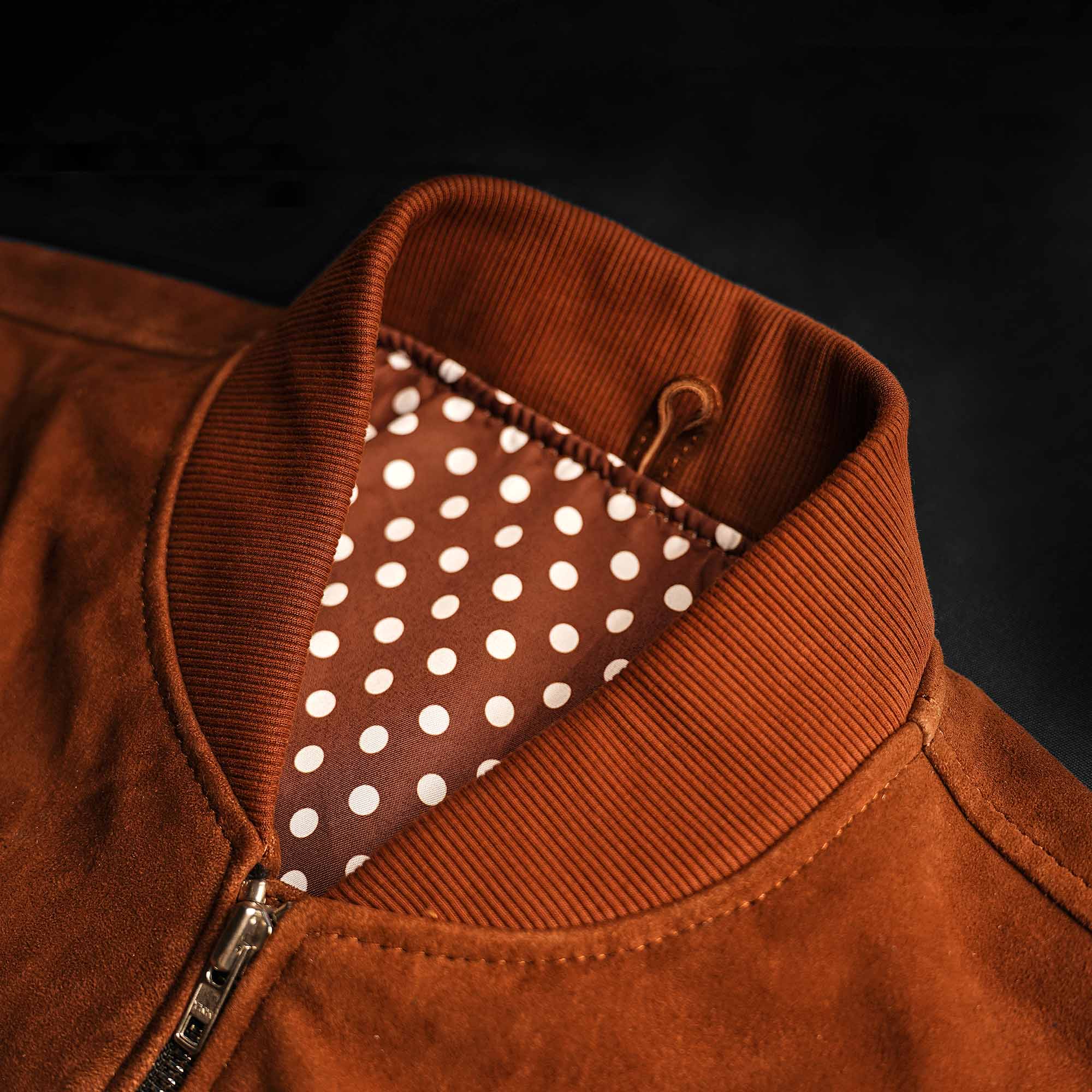 Men’s Caramel Brown Suede Bomber Jacket rib collar